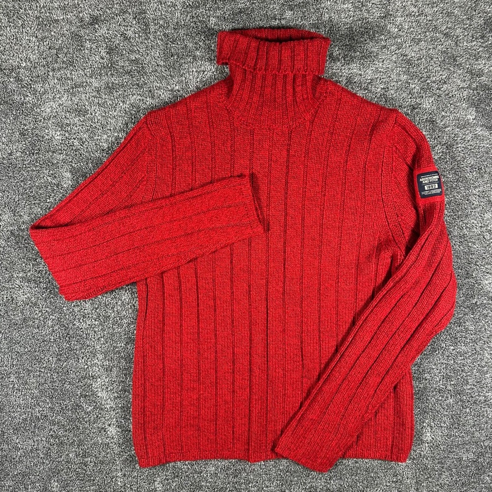 Abercrombie & Fitch Sweater Mens L Red Lambswool Ribbed Turtleneck Logo Patch
